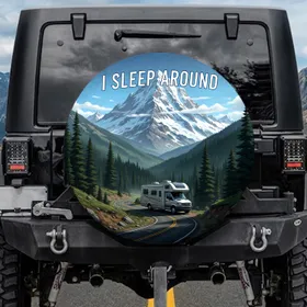 Camper Van Mountain 'I SLEEP AROUND' Alpine Road - Outdoor Adventure Gift Spare Tire Cover