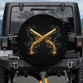 Gleaming Antique Gold Crossed Flintlock Pistols Baroque Scrollwork - History Enthusiast Gift Spare Tire Cover