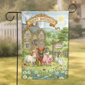 Highland Cow Sheep Pig Country Cottage Wildflowers - Happy Birthday Gift Customized Name Garden Flag