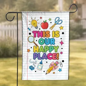 Happy Place Bubble Letters School Supplies - Educational Classroom Gift for Students Garden Flag