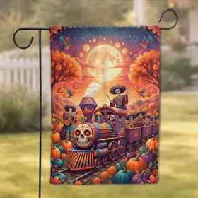 Day of the Dead Train Skeletons Autumn Pumpkins - Holiday Home Decor Gift Garden Flag