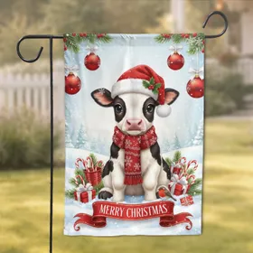 Baby Holstein Calf Santa Hat Snowy Christmas Scene - Holiday Gift for Calf Lover Garden Flag