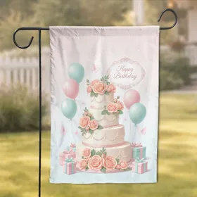Happy Birthday Cake Roses Balloons Butterflies - Celebration Gift Garden Flag