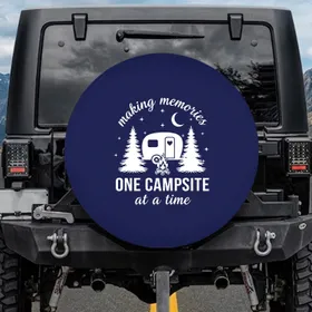 Camper Trailer Campfire Pine Trees Night Sky Moon - Camping Lover Gift Spare Tire Cover
