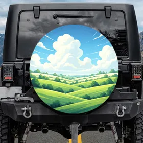 Expansive Blue Sky Voluminous Clouds Rolling Green Hills Meadow - Travel Essentials Spare Tire Cover