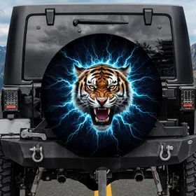 Snarling Tiger Head Electric Blue Shards Fractured Reality - Wildlife Lover Gift Spare Tire Cover