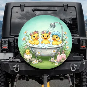 Cute Ducklings Clawfoot Bathtub Bubble Bath Daisy Flowers - Travel Essentials Spare Tire Cover