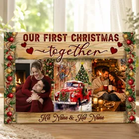 Personalized Christmas Couple Canvas Print Custom Photo and Names First Christmas Together Wall Decor