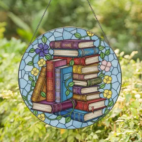 Antique Ornate Book Stack Floral Vine - Home Decor Gift for Book Lover Stained Glass Suncatcher