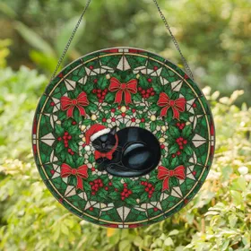 Sleeping Black Cat Holly Berry Christmas Wreath - Holiday Home Decor Gift for Cat Lovers Stained Glass Suncatcher