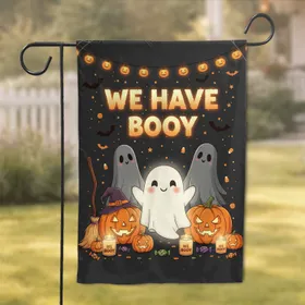 Glowing Ghost Carved Jack-o'-Lantern Pumpkins Candies Broomstick Bats WE HAVE BOOY Halloween Party Garden Flag