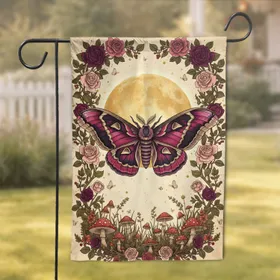 Atlas Moth Golden Moon Botanical Rose Vines Forest Floor Toadstool - Nature Lover Home Decor Gift Garden Flag