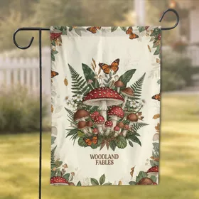 Amanita Muscaria Mushrooms Butterflies Ferns - Woodland Nature Home Decor Gift Garden Flag