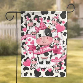 Smiling Cartoon Baby Cow Birthday Party - Cow Lover Gift Garden Flag