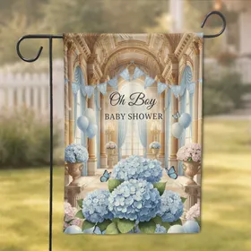 Oh Boy Baby Shower Hydrangea Butterfly Ballroom - Baby Shower Celebration for New Parents Garden Flag