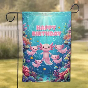 Smiling Pink Axolotl Family Tropical Fish Coral Reef Underwater Wonderland Birthday Gift Garden Flag