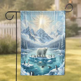Polar Bear Penguin Arctic Wildlife Snow Mountain Sunburst - Wildlife Lover Gift Garden Flag