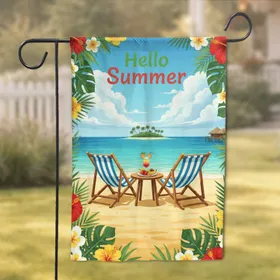 Hello Summer Text Tropical Beach Chairs Island - Summer Getaway Decor Garden Flag