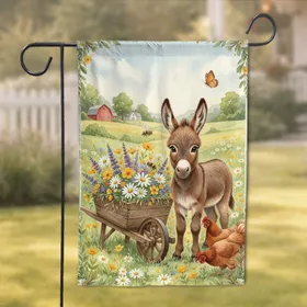 Baby Donkey Wildflower Meadow Red Barn Farm - Farmhouse Home Decor Gift Garden Flag