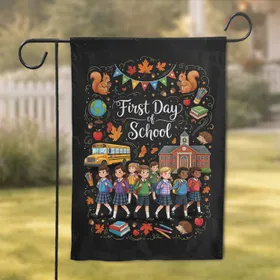 First Day of School Children Bus Autumn Leaves - Back to School Celebration Garden Flag