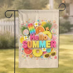 Hello Summer Candy Fruit Seashells Tropical Flowers Sand - Summer Party Decor Garden Flag