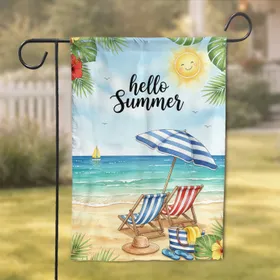 Beach Chairs Umbrella hello Summer Tropical Beach Scene - Summer Decor Gift for Beach Lover Garden Flag
