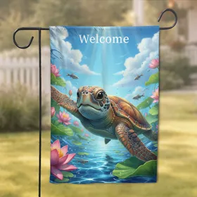 Baby Sea Turtle Lotus Flower Welcome - Home Decor Gift Garden Flag