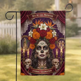 Dia De Los Muertos Calavera Woman Floral Headdress Candles - Eternal Celebration Decor Garden Flag