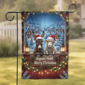 Cheerful Donkeys Sheep Santa Hats Barn Window - Joyeux Noël Merry Christmas Holiday Gift Garden Flag