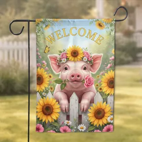 Baby Pig Sunflowers Welcome Picket Fence - Home Decor Gift for Pig Lover Garden Flag