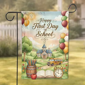 Schoolhouse Bus "Happy First Day of School" Book Pencils - Back to School Celebration Garden Flag