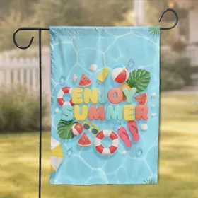 Enjoy Summer Bubble Letters Beach Poolside Icons - Outdoor Summer Celebration Garden Flag