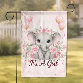 Baby Elephant Pink Roses It's A Girl Text - Baby Shower Gift for New Parents Garden Flag