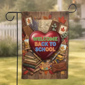 Red Heart Welcome Back To School Vintage Books Autumn Leaves - New School Year Decor Garden Flag