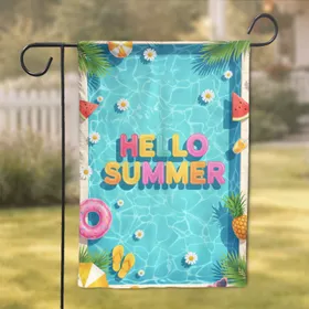 Hello Summer Letters Swimming Pool Palm Fronds Beach Ball - Summer Party Decor Garden Flag