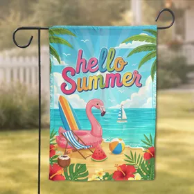 Hello Summer Beach Flamingo Surfboard Palm Tree - Summer Home Decor Gift Garden Flag