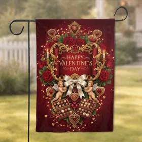 Golden Valentine Banner Cherubs Hearts Roses Baroque - Valentine's Day Gift Garden Flag
