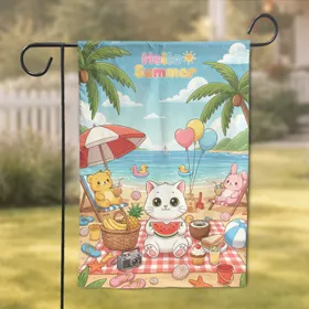 Hello Summer Cat Picnic Beach Party - Summer Decor Gift for Beach Lover Garden Flag