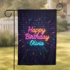 Happy Birthday Neon Text Glowing Streaks Brick Wall - Birthday Celebration Decor Garden Flag