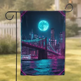 Brooklyn Bridge Neon Moon Glowing Cityscape - Home Decor Gift Garden Flag