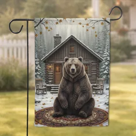 Grizzly Bear Rustic Cabin Snowy Forest - Wildlife Lover Home Decor Gift Garden Flag