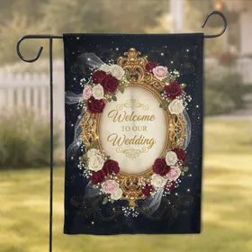 Wedding Welcome Sign Baroque Frame Roses - Wedding Day Celebration Garden Flag