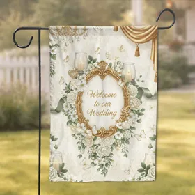 Antique Gold Framed Floral Welcome Wedding Text - Wedding Ceremony Decor for Wedding Couples Garden Flag