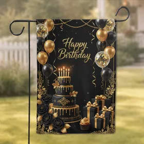 Happy Birthday Black Gold Cake Roses Gift Boxes Balloons Streamers - Celebration Garden Flag