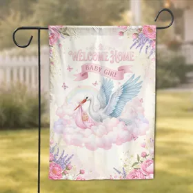 Stork Welcome Home Baby Girl Floral - New Baby Gift for New Parents Garden Flag