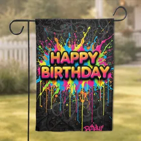 Iridescent Bubble Letters Neon Paint Graffiti Happy Birthday - Birthday Celebration Gift Garden Flag