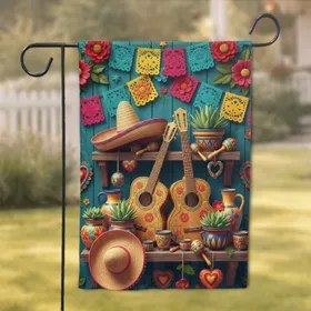 Mexican Fiesta Guitars Sombreros Agave Plants Ceramic Pots Papel Picado - Home Decor Gift Garden Flag
