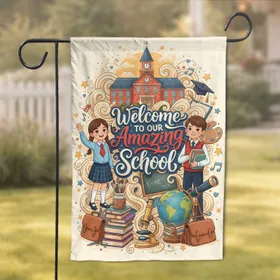 Welcome School Children Academic Building - Back to School Gift for Teachers Garden Flag