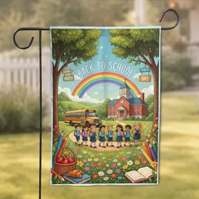 Yellow School Bus Children Learn & Grow Schoolhouse Rainbow - Back to School Gift for Students Garden Flag