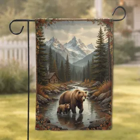 Brown Bear Cub River Mountain Log Cabin - Wildlife Lover Gift for Bear Lover Garden Flag